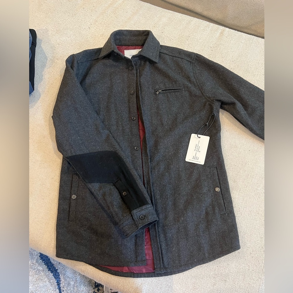 Trouvaille Paris Mens Mouthe Wool Jacket Charcoal Gray Quilt Lined Dark Red